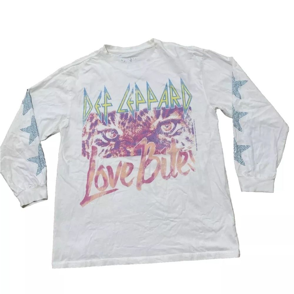 DEF LEPPARD Shirt Women L Love Bites Rock Music Star Jewel Be-Jeweled Sleeve L